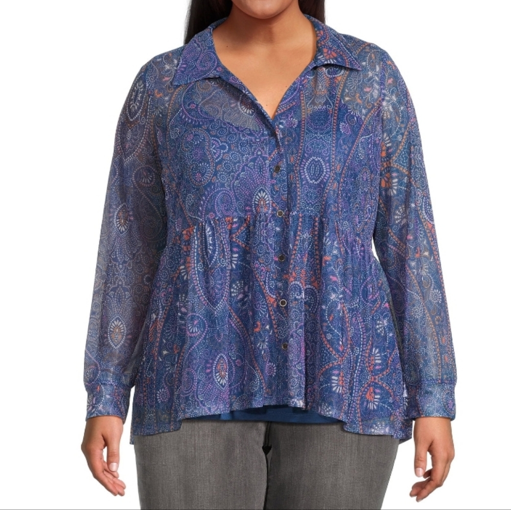 Terra and Sky. Sheer/Mesh Long Sleeve Top. Blue Paisley Print. Size 4X NWT.